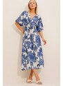 Trend Alaçatı Stili Women's Blue Double Breasted Collar Patterned Linen Dress