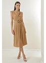By Saygı With a Plunging Collar Waist Belt, Pleated Front Arobin Dress