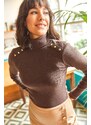 Olalook Women's Bitter Brown Shoulder Button Detailed Turtleneck Rack Sweater