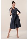 By Saygı Navy Blue Crepe Satin Dress With Double Breasted Collar Waist Belted Lined, Pocket Spotted.