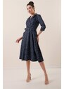 By Saygı Navy Blue Crepe Satin Dress With Double Breasted Collar Waist Belted Lined, Pocket Spotted.