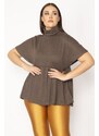 Şans Women's Plus Size Brown Turtleneck Waist Gathered Low Sleeve Knitwear Blouse