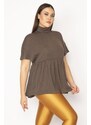 Şans Women's Plus Size Brown Turtleneck Waist Gathered Low Sleeve Knitwear Blouse