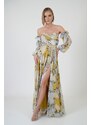 Carmen Yellow Strapless Slit Printed Evening Dress