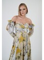 Carmen Yellow Strapless Slit Printed Evening Dress