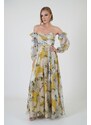 Carmen Yellow Strapless Slit Printed Evening Dress