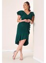 By Saygı Midi Length Lined Plus Size Dress with Double Flounce Sleeves