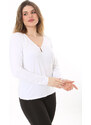 Şans Women's Plus Size White Chest Gathered Detail Long Sleeve Blouse