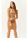 Olalook Women's Camel Half Turtleneck Princess Sleeve Raised Mini Dress