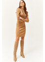 Olalook Women's Camel Half Turtleneck Princess Sleeve Raised Mini Dress