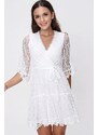 By Saygı Women's Double Breasted Neck Waist Belted Lined Spotted Tulle Dress White