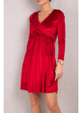 armonika Women's Red Double Breasted Neck Long Sleeve Velvet Flared Dress