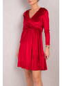 armonika Women's Red Double Breasted Neck Long Sleeve Velvet Flared Dress