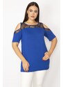 Şans Women's Plus Size Saxe Blue Decollete Lace Blouse