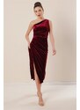 By Saygı Claret Red Velvet Dress with Pleats in the Front