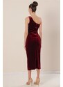 By Saygı Claret Red Velvet Dress with Pleats in the Front