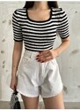 BİKELİFE Women's Square Neck Striped Knitted Blouse