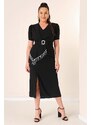 By Saygı V-Neck Front Draped Short Sleeve Shiny Stone Detailed Waist Belted Lined Slit Crepe Dress