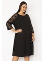 Şans Women's Plus Size Black Crepe Dress with Lace Sleeves