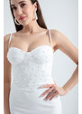 Lafaba Women's White Underwire Corset Pearls Midi Evening Dress