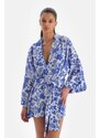 Dagi Blue White Linen Short Kimono