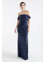 Lafaba Women's Navy Blue Boat Neck Sequined Long Evening Dress