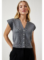 Happiness İstanbul Women's Gray Buttoned Short Knitwear Vest