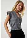 Happiness İstanbul Women's Gray Buttoned Short Knitwear Vest