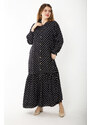 Şans Women's Plus Size Black Woven Viscose Fabric Front Length Buttoned Skirt Tiered Dress
