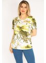 Şans Women's Plus Size Green Cotton Fabric Floral Pattern Blouse