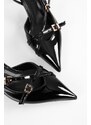 Shoeberry Women's Lover Black Patent Leather Belt Buckled Pointed Stiletto