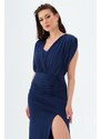 Carmen Navy Blue Sandy Slit Decollete Long Evening Dress