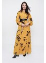 By Saygı Yellow Floral Pattern Long Chiffon Dress with Half-Buttons in the Front with a Belt and Lined Waist.
