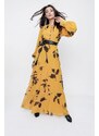 By Saygı Yellow Floral Pattern Long Chiffon Dress with Half-Buttons in the Front with a Belt and Lined Waist.