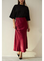 Laluvia Burgundy Flared Rise Waist Long Satin Skirt