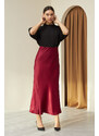 Laluvia Burgundy Flared Rise Waist Long Satin Skirt