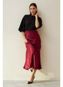 Laluvia Burgundy Flared Rise Waist Long Satin Skirt