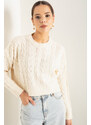 Lafaba Women's Beige Crew Neck Hair Braided Knitwear Sweater