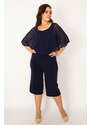 Şans Women's Plus Size Navy Blue Chiffon Detailed Jersey Jumpsuit