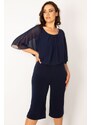 Şans Women's Plus Size Navy Blue Chiffon Detailed Jersey Jumpsuit