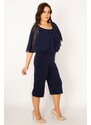 Şans Women's Plus Size Navy Blue Chiffon Detailed Jersey Jumpsuit