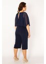 Şans Women's Plus Size Navy Blue Chiffon Detailed Jersey Jumpsuit