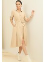 By Saygı Front Buttoned Sleeve Fold Waist Belted Pocket Dress