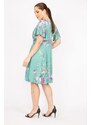 Şans Women's Green Plus Size Dress with Wrapover Collar, Waist Detail