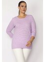 Şans Women's Plus Size Lilac Crew Neck Pinstripe Blouse with Capri Sleeves