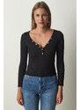 Happiness İstanbul Women's Black Button Collar Ribbed Crop Knitted Blouse