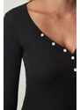 Happiness İstanbul Women's Black Button Collar Ribbed Crop Knitted Blouse