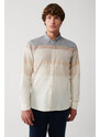 Avva Men's Gray Cotton Linen Blend Buttoned Collar Striped Slim Fit Slim Fit Shirt