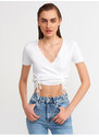 Dilvin 10194 Double-breasted Collar Pleated Front Tricot Crop-ecru.