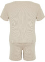 Trendyol Curve Beige Embroidered and Ribbed Knitted Pajamas Set